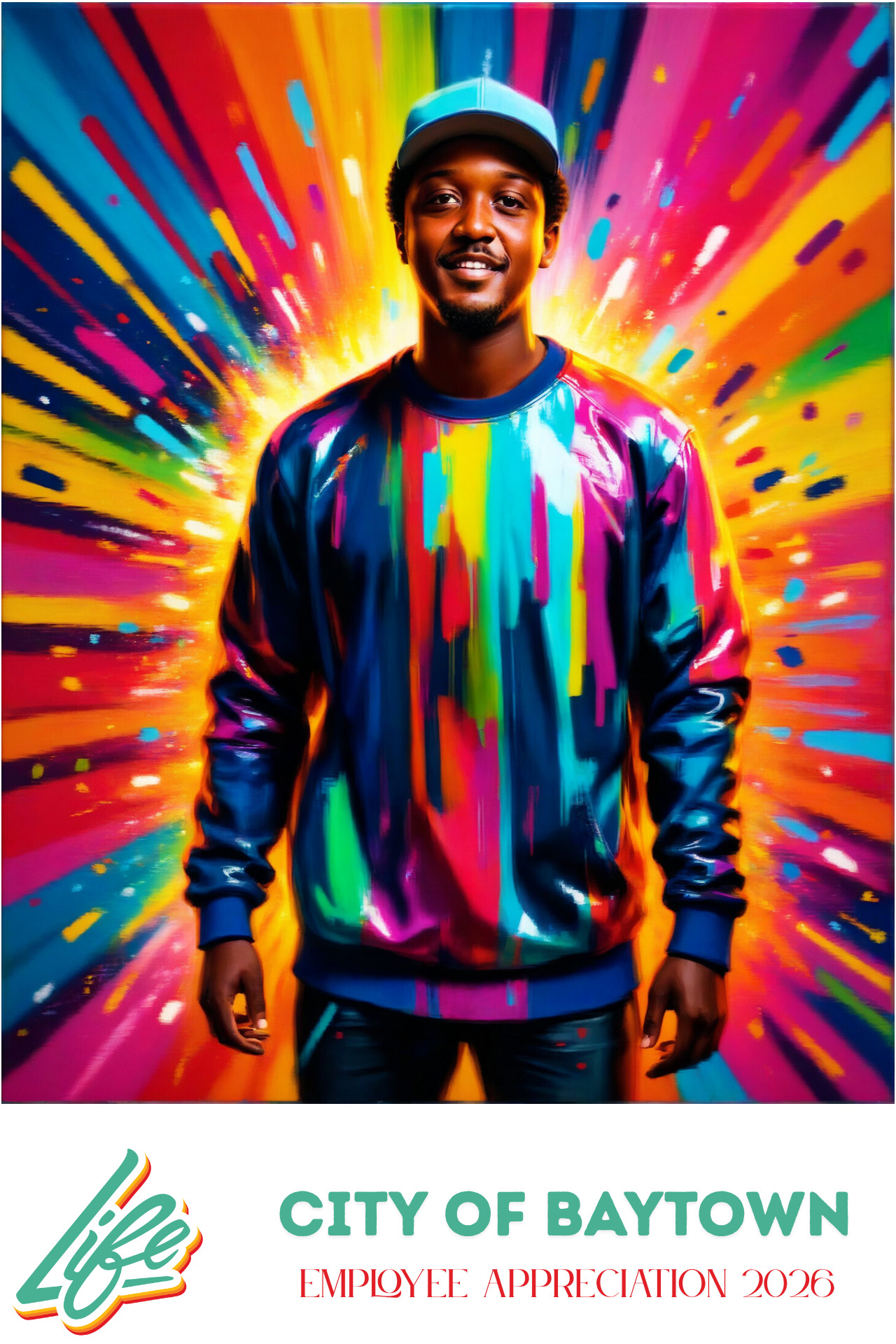 AI photo booth print of a Houston event guest reimagined as vibrant brushstroke art on a custom-branded template