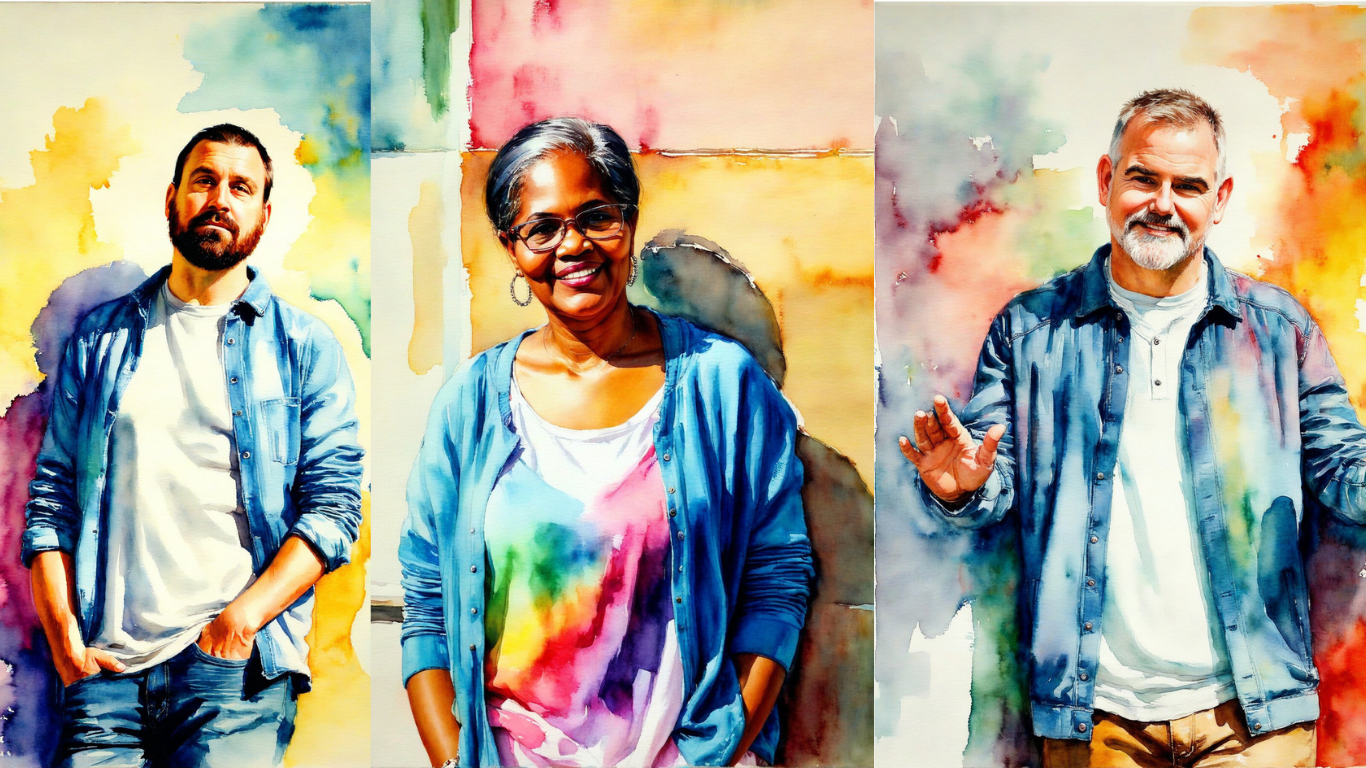 AI-generated watercolor portraits of guests created in the AI Photo Booth