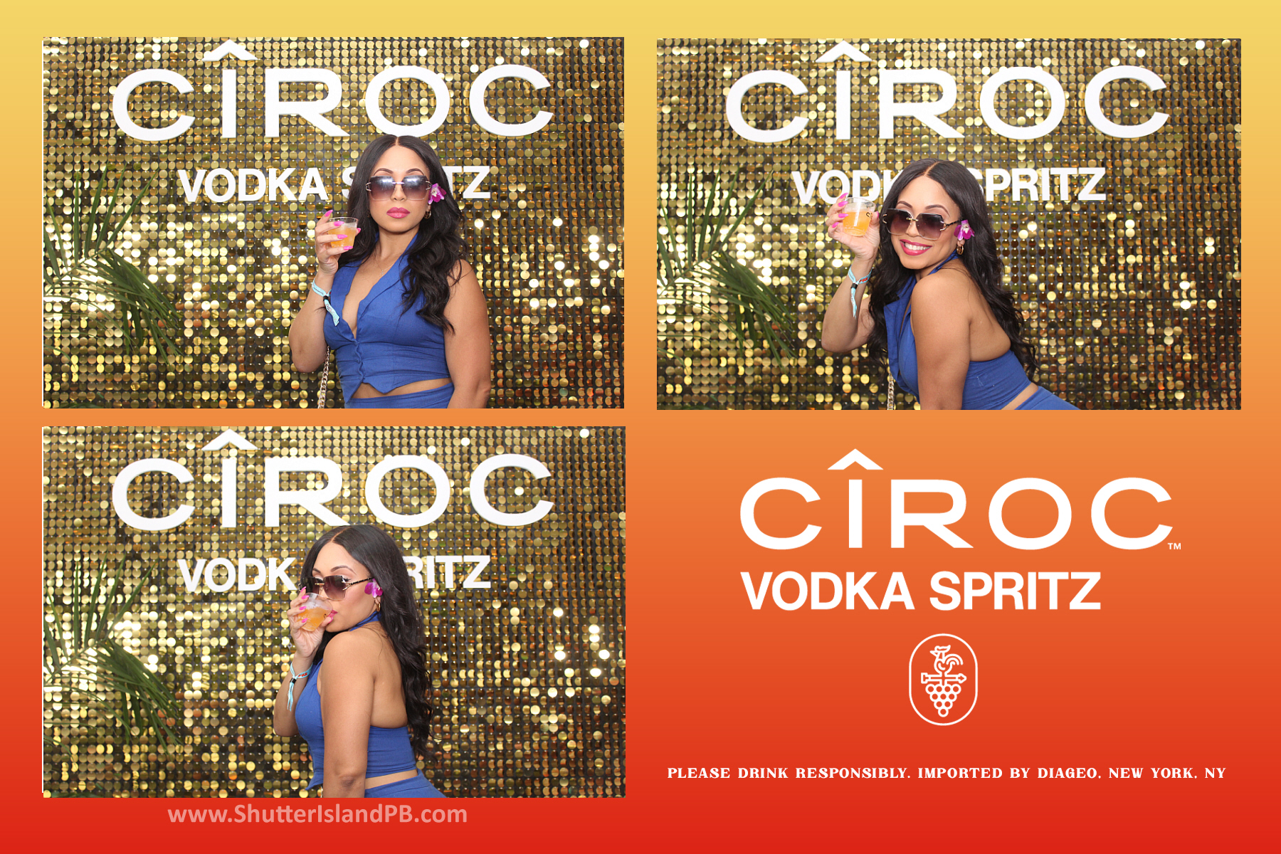 Cîroc Vodka Spritz activation print layout with a guest posing against a gold sequin wall