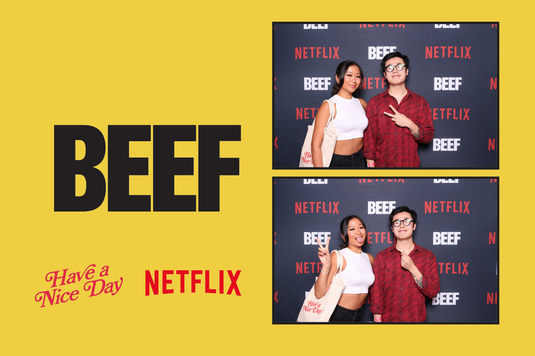 Netflix BEEF premiere print layout with two guests against the branded step-and-repeat
