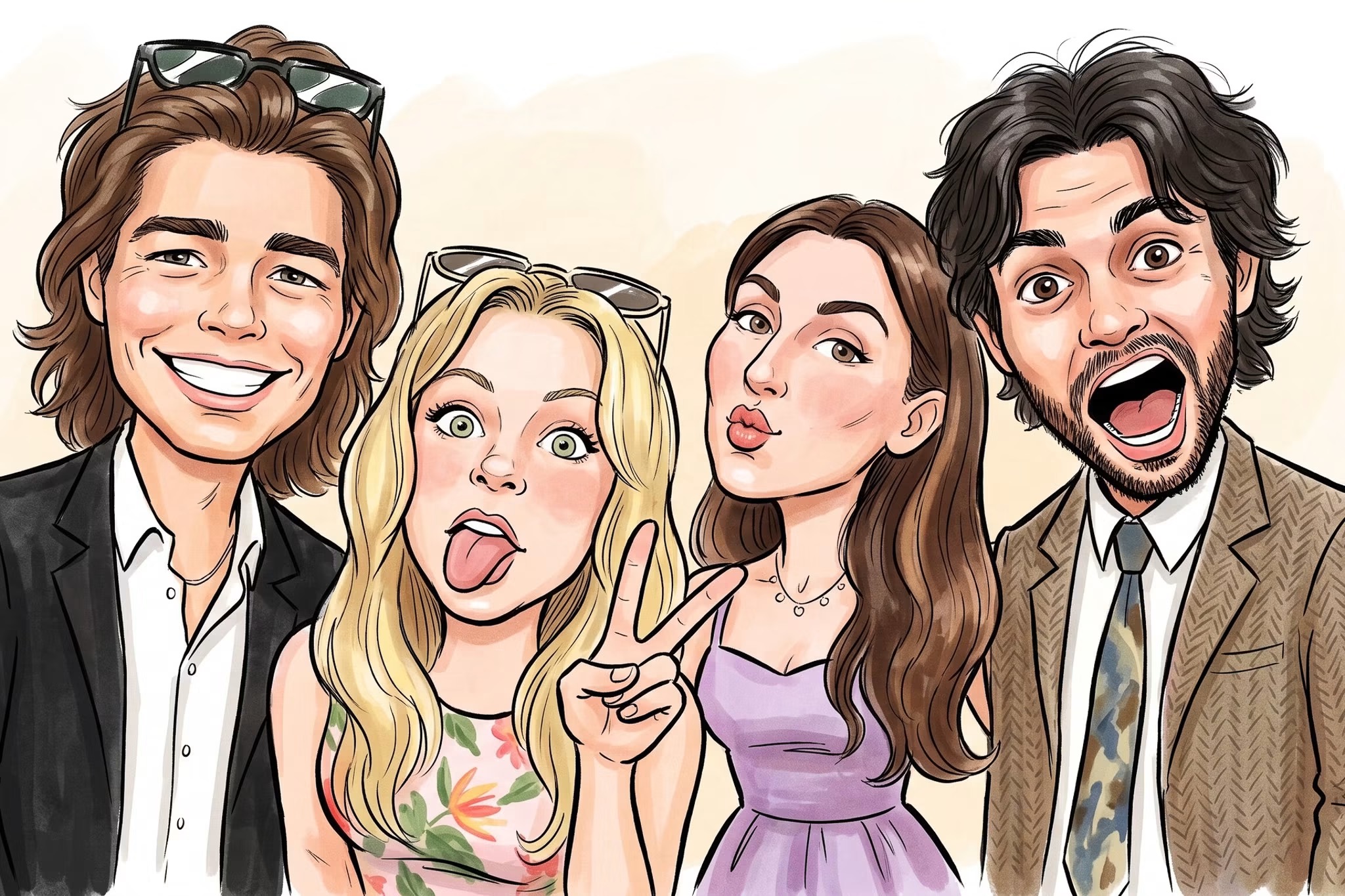 Group of four guests drawn as a hand-illustrated caricature