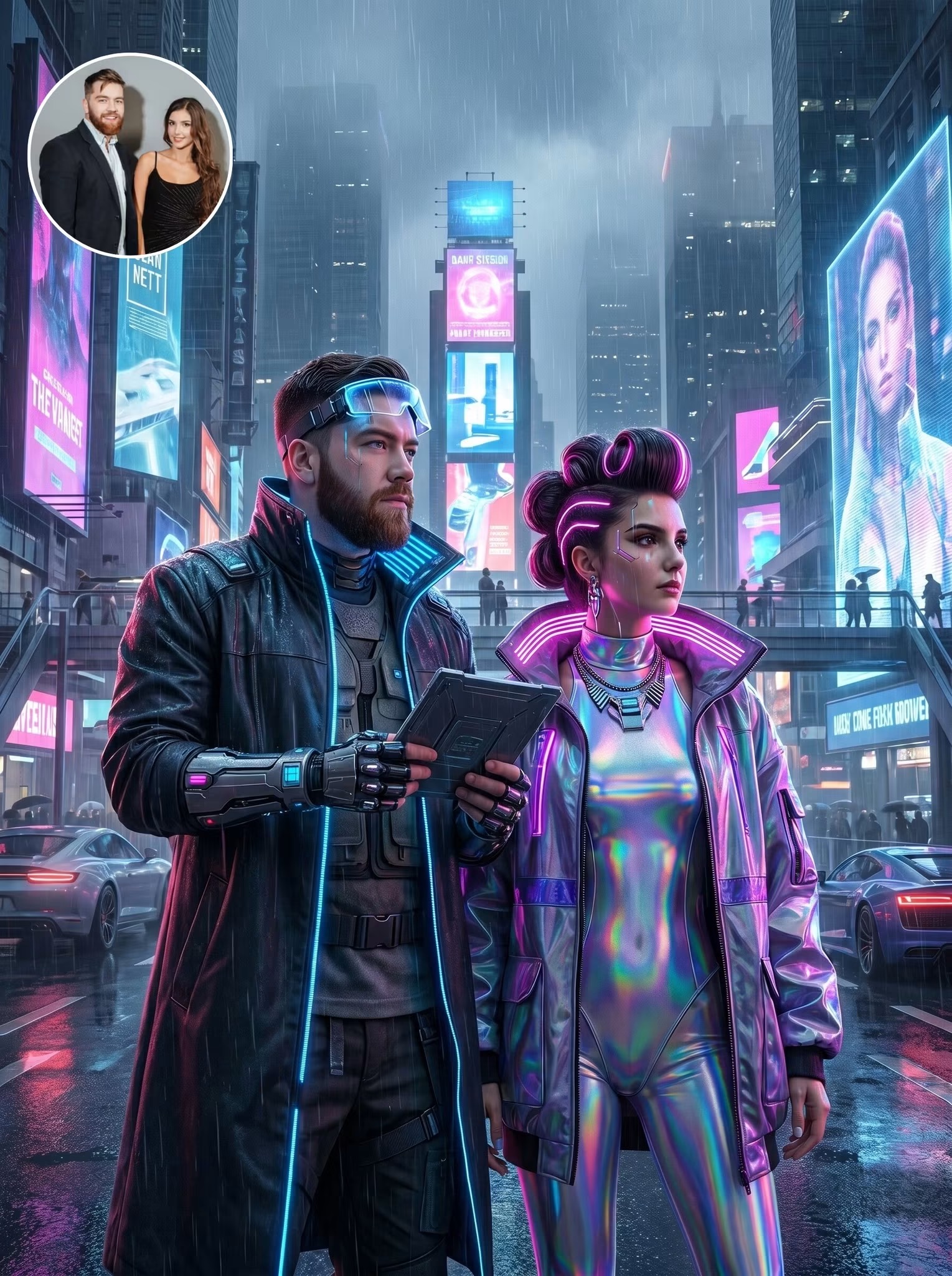 Couple reimagined as cyberpunk characters on a neon-lit rainy street
