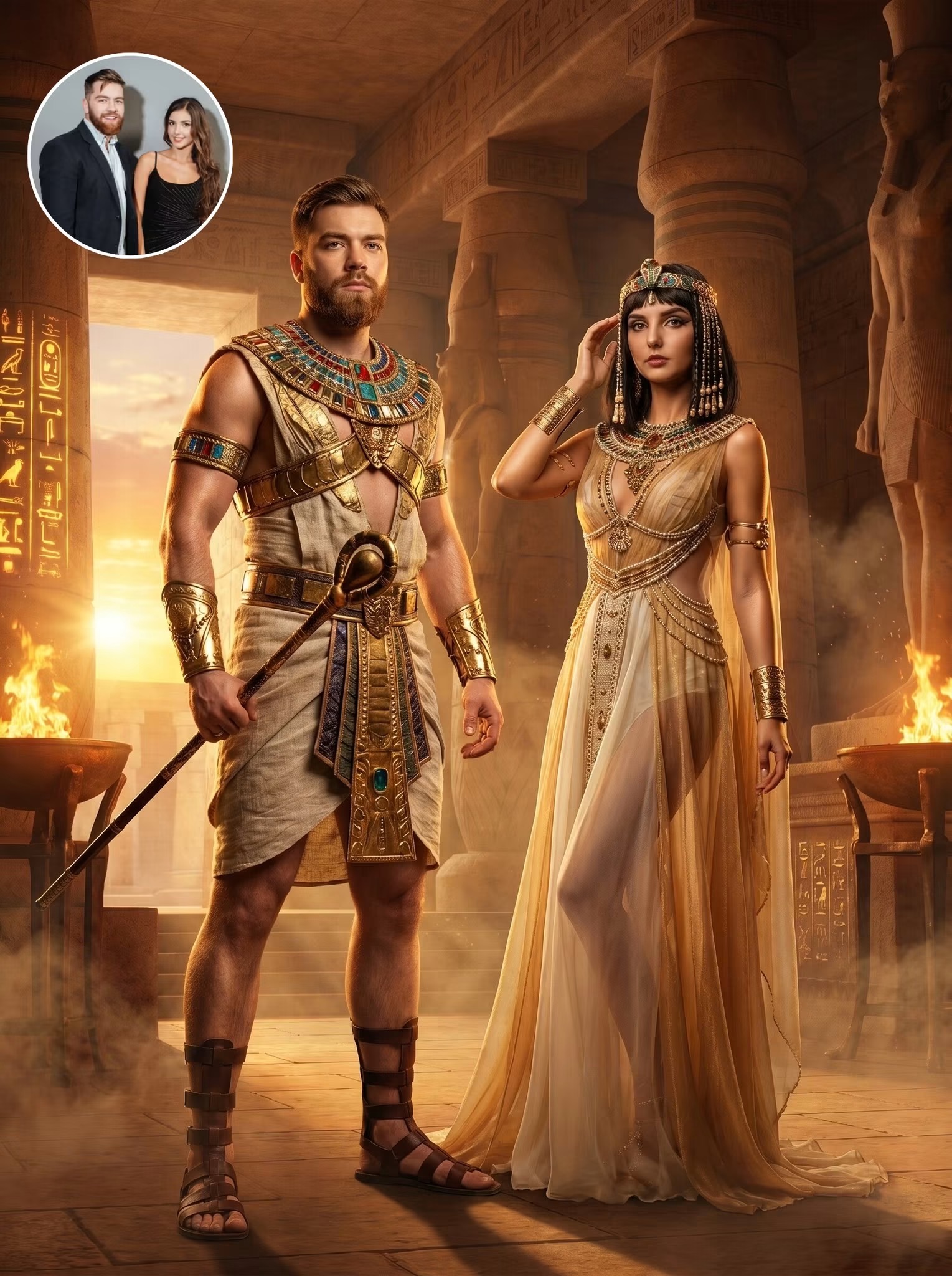 Couple reimagined as Egyptian pharaoh and queen in a torch-lit temple
