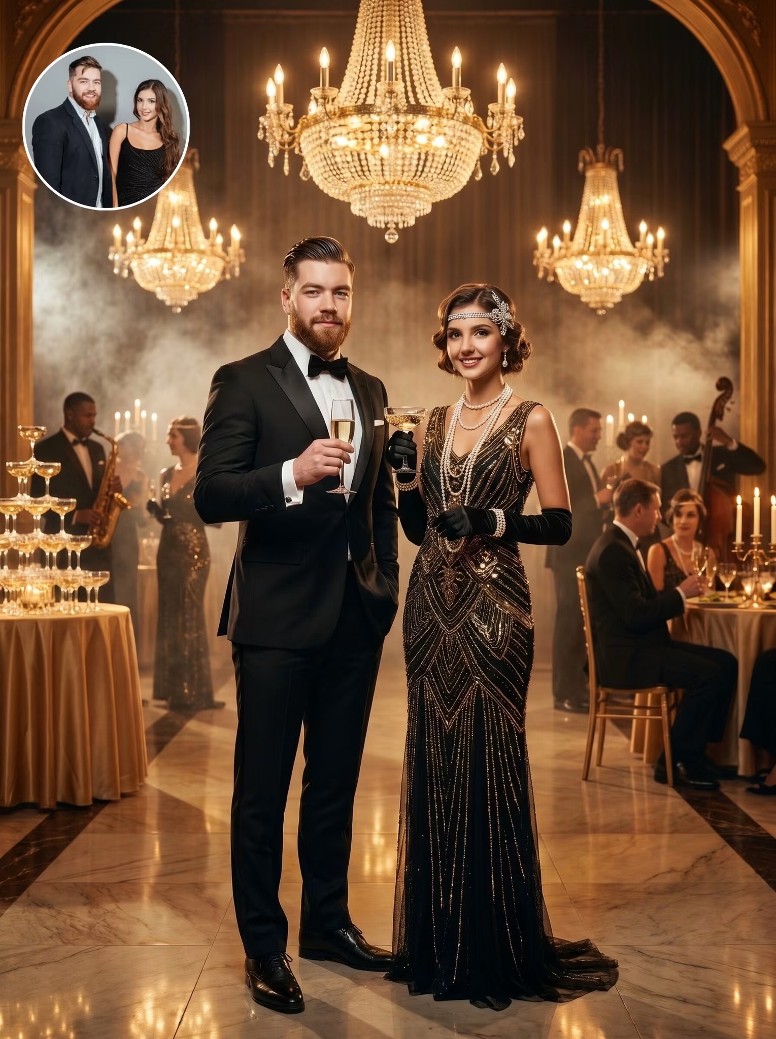 Couple reimagined in 1920s black tie and beaded flapper gown in a chandelier ballroom