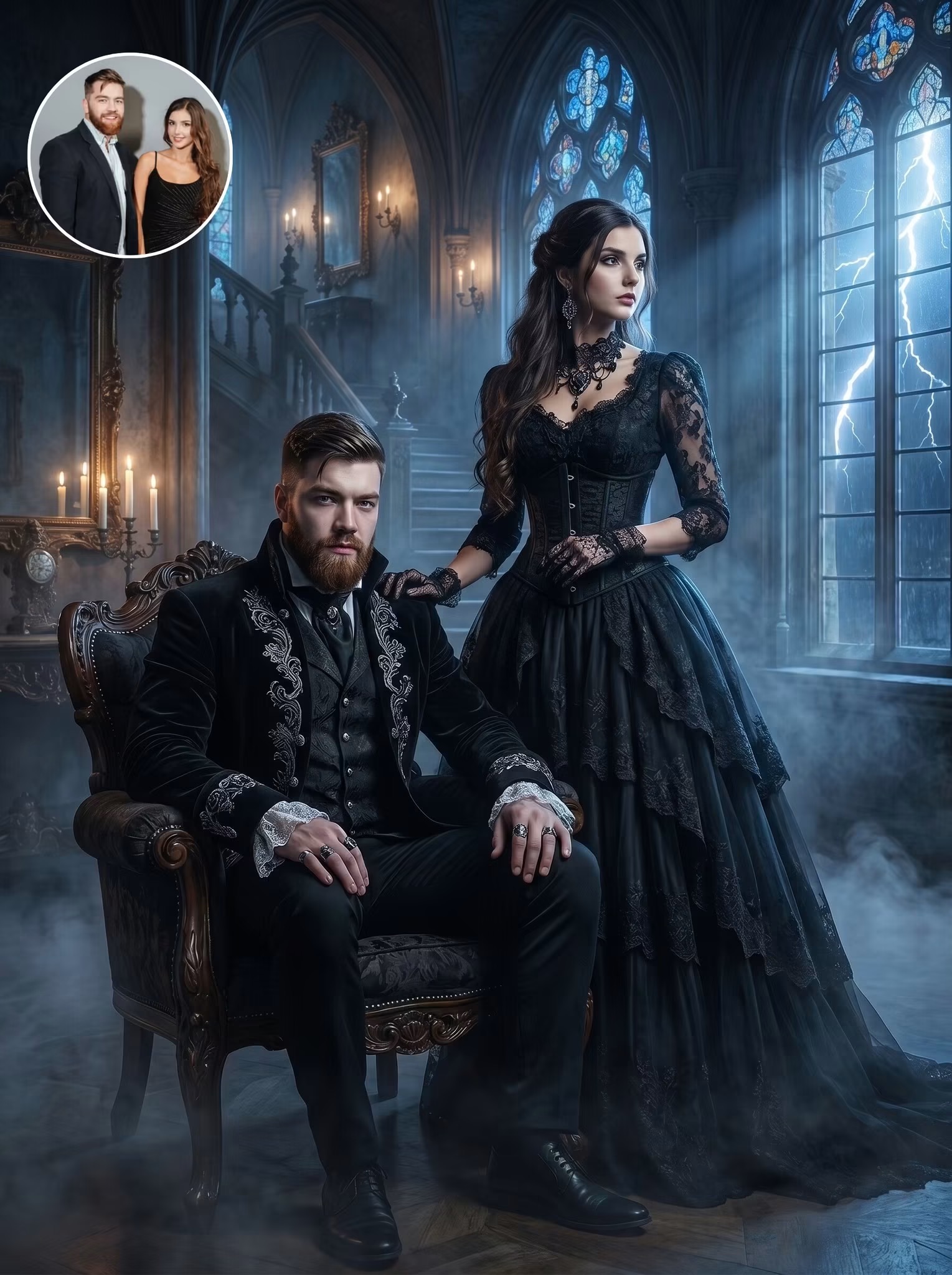 Couple reimagined as Victorian gothic nobility in a candlelit manor