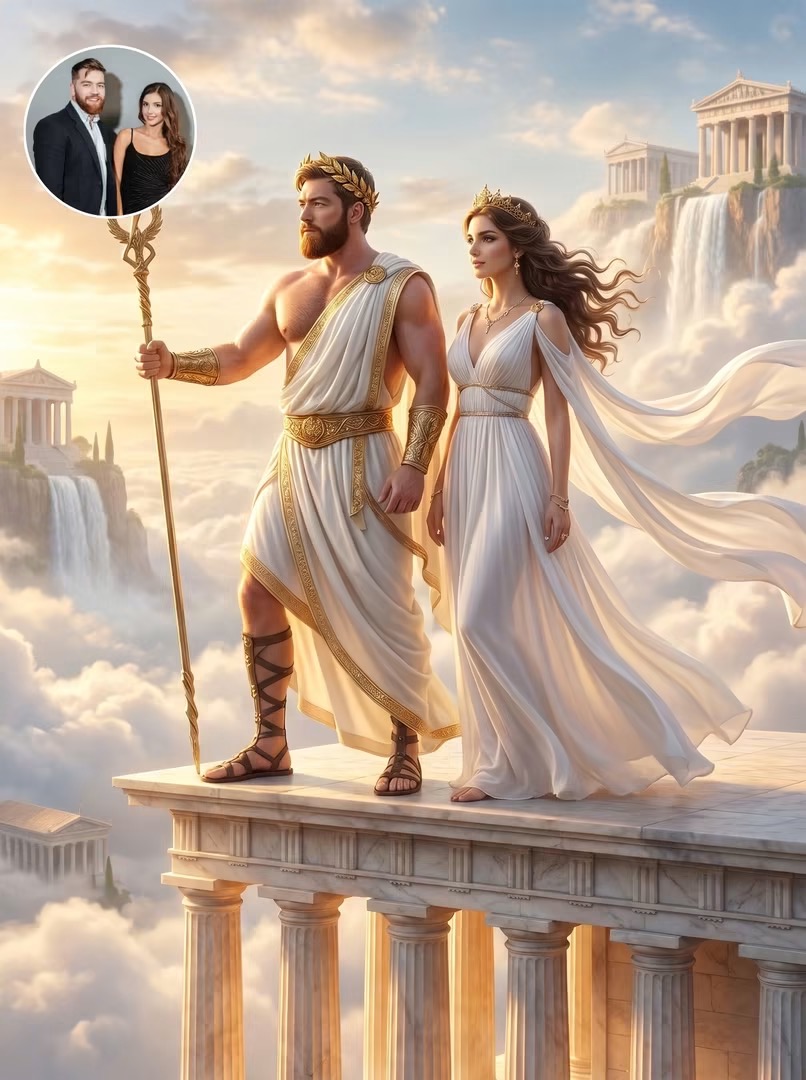 Couple reimagined as Greek gods in white robes above the clouds