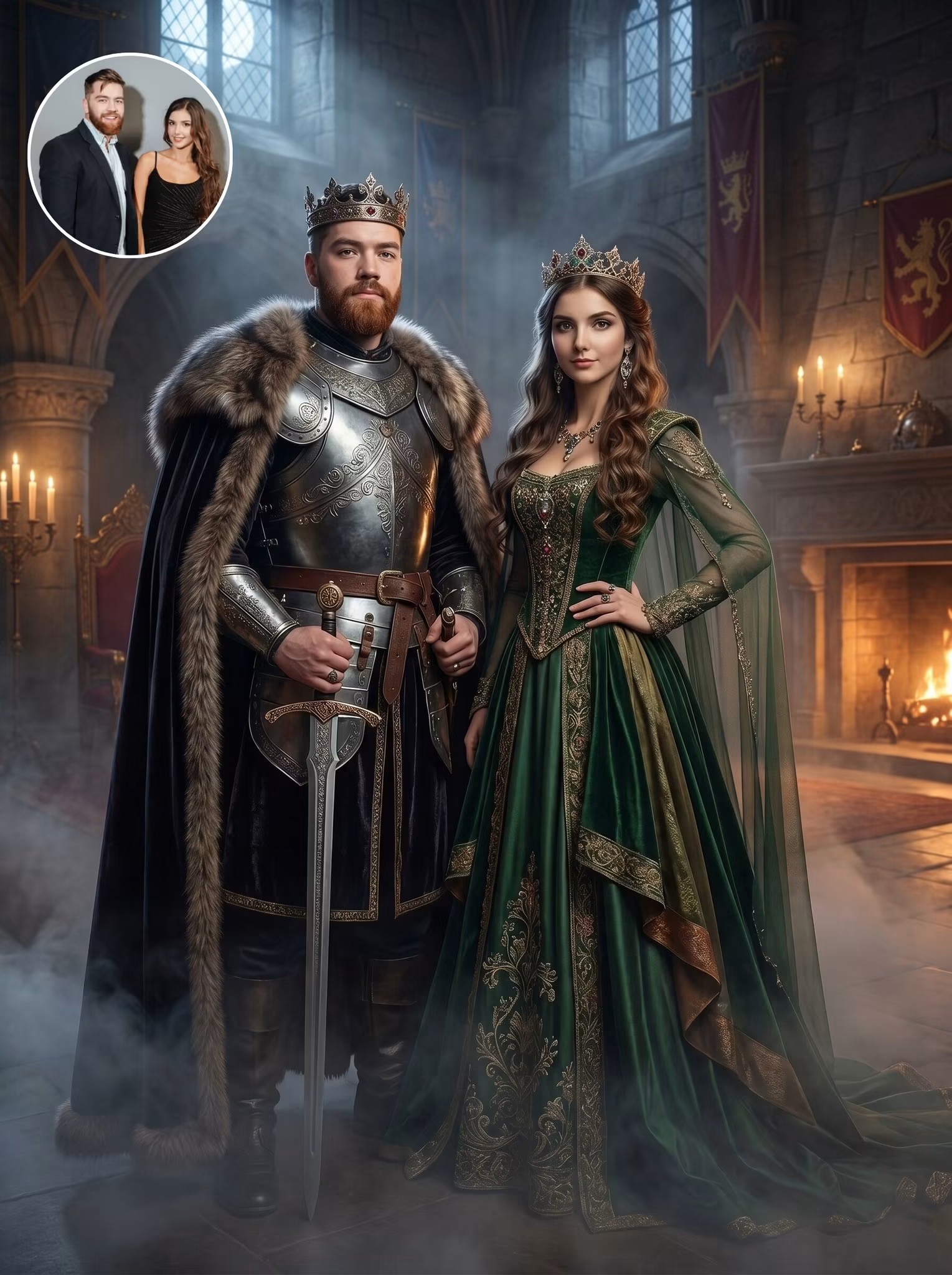 Couple reimagined as a medieval king in armor and queen in a green velvet gown