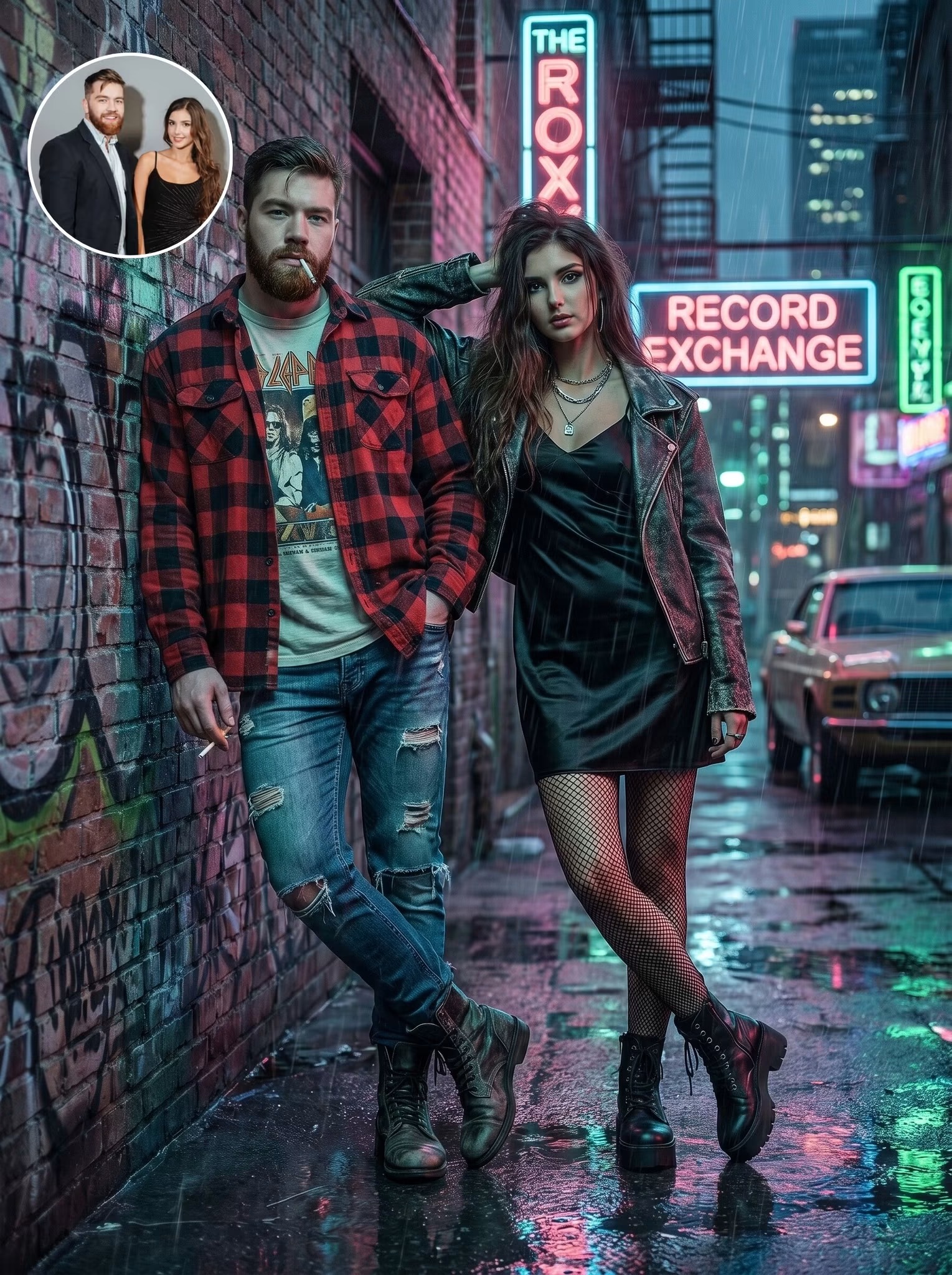 Couple reimagined as rock and roll musicians in a neon alley