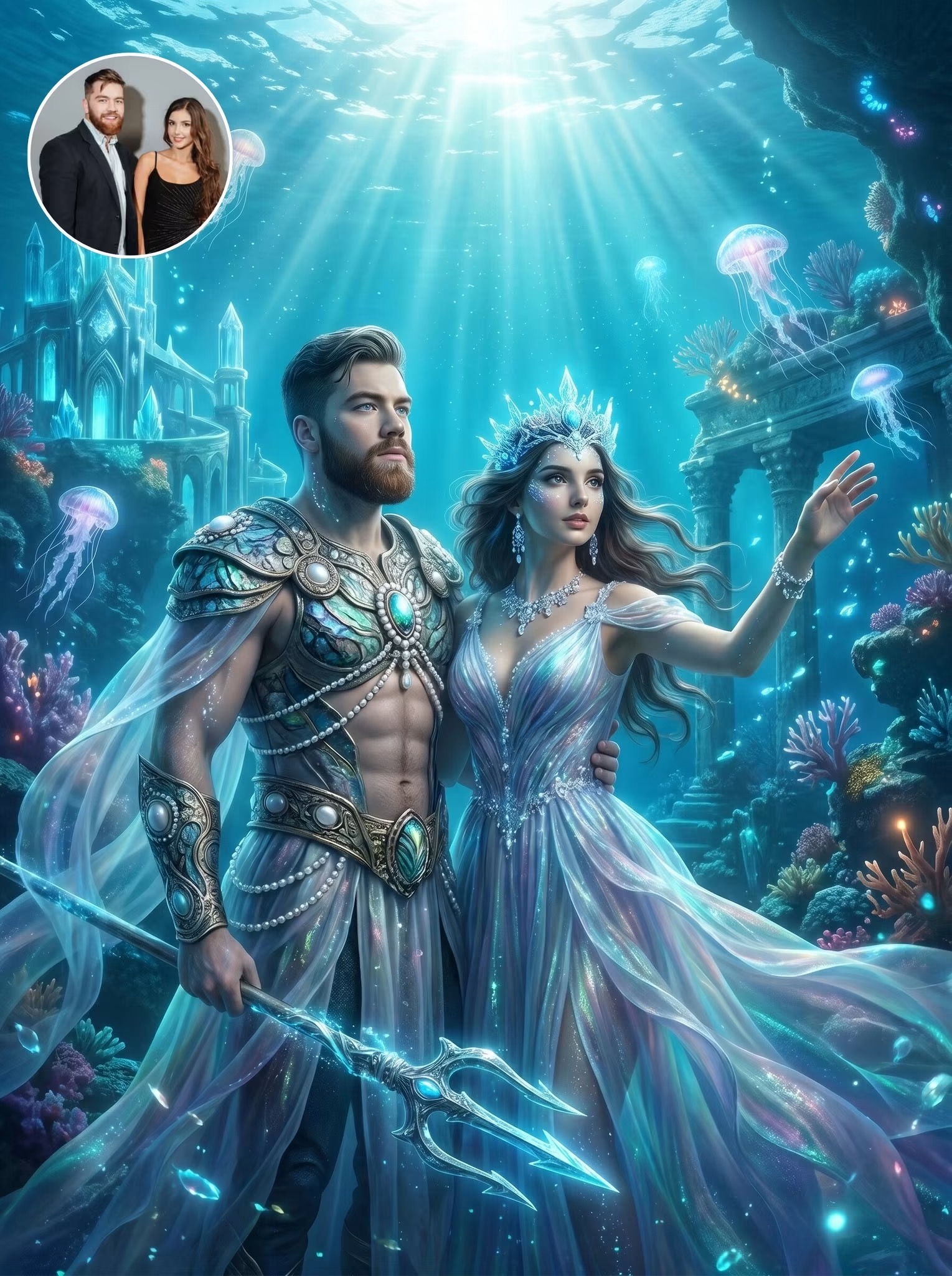 Couple reimagined as an underwater king and queen in a coral kingdom