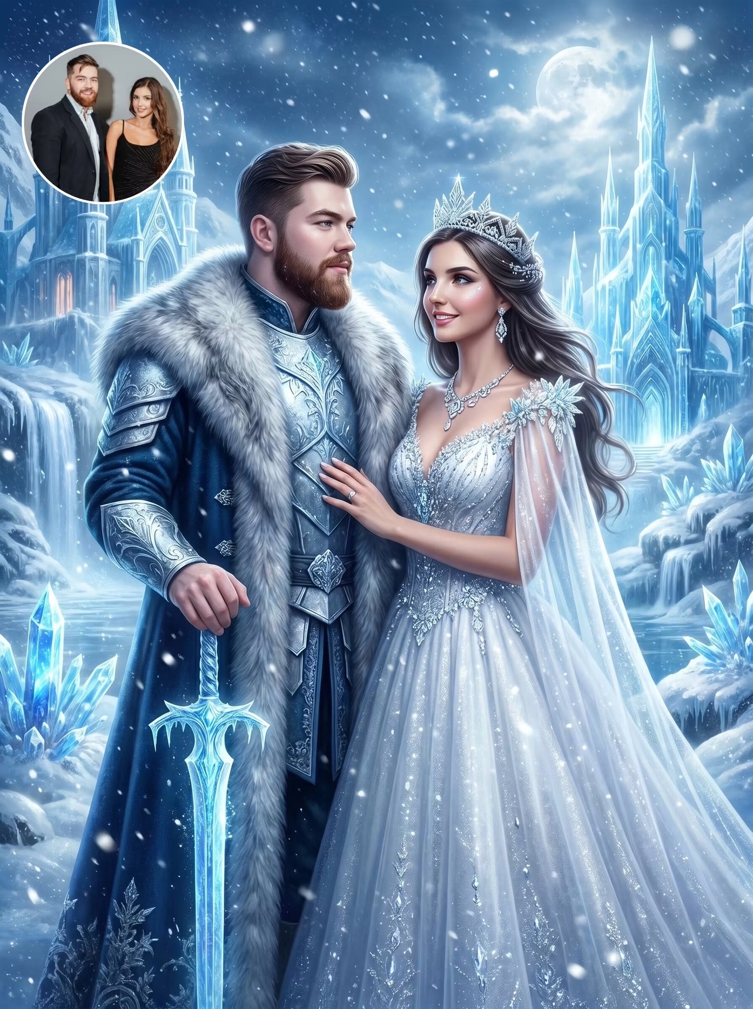 Couple reimagined as winter royalty before a glowing ice castle